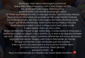 Passageiro, Ana Castela e Zé Felipe anunciam fim do relacionamento